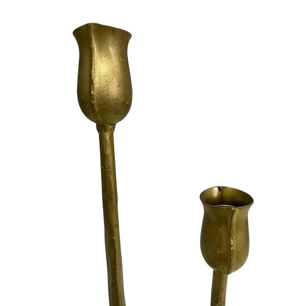 Pair Forged &Molded Iron Taper Candle Holders Gold Tone Brutalist Style 12